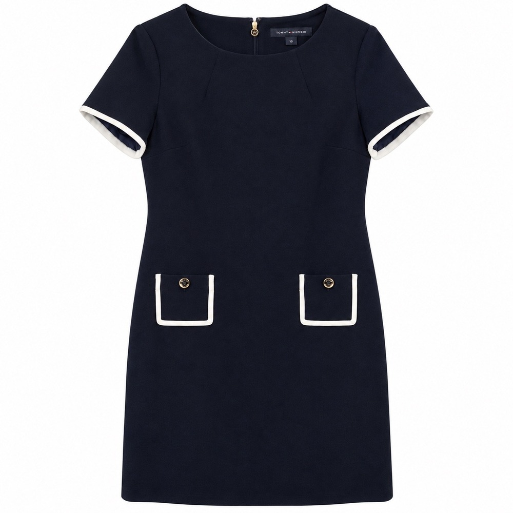 Tommy Hilfiger Women's Size 10 Navy Sheath Dress White Trim Pocket Short Sleeve